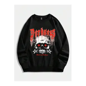 ROMWE Guys Letter & Skull Print Pullover Siyah