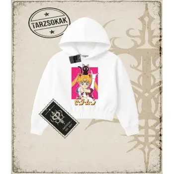 Sailor Moon Anime Baskılı Kadın Crop Kapşonlu Sweatshirt