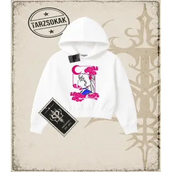 Sailor Moon Anime Baskılı Kadın Crop Kapşonlu Sweatshirt