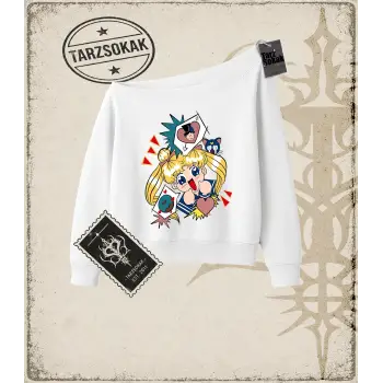 Sailor Moon Anime Baskılı Kadın Kayık Yaka Sweatshirt