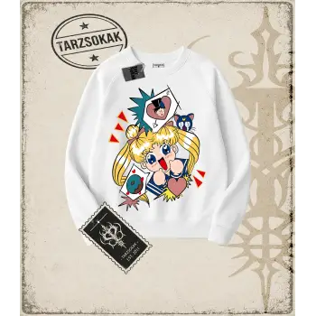 Sailor Moon Anime Baskılı Oversize Unisex Bisiklet Yaka Sweatshirt