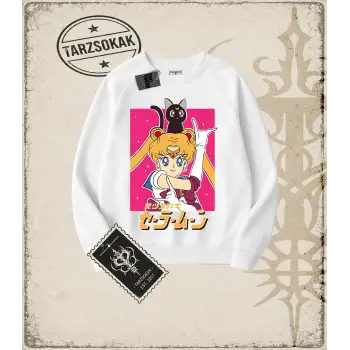 Sailor Moon Anime Baskılı Oversize Unisex Bisiklet Yaka Sweatshirt