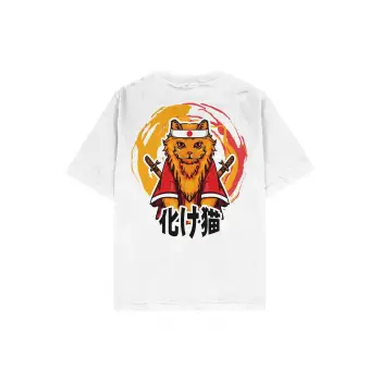 Samurai Cat Beyaz Oversize Unisex T-shirt