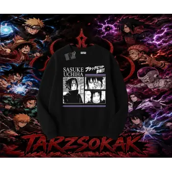 Sasuke uchiha Naruto Anime Karakter Oversize Unisex Bisiklet Yaka Sweatshirt Beyaz