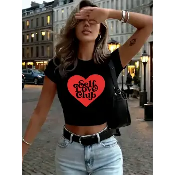 Self Love Club Kalp Baskı Bayan Babby TeeT-Shirt Yaz Yumuşak Yüksek Elastik Üstler Y2K İnce Sokak