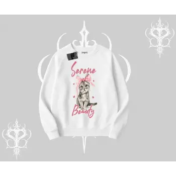 Serene Beauty Kedi Baskılı  Biskilet Sweatshirt