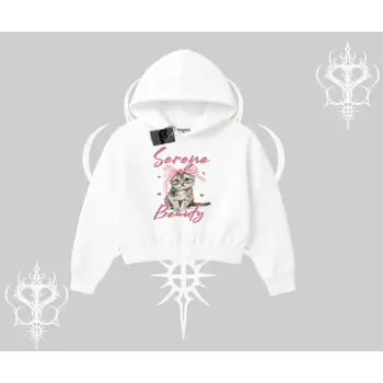 Serene Beauty Kedi Baskılı  Kapşonlu Crop Sweatshirt