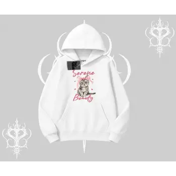 Serene Beauty Kedi Baskılı  Kapşonlu Sweatshirt