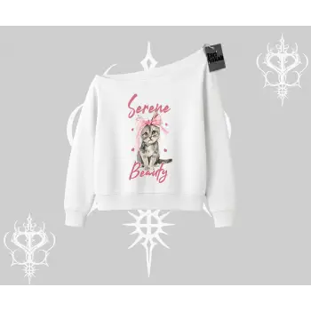 Serene Beauty Kedi Baskılı  Kayık Yaka Sweatshirt