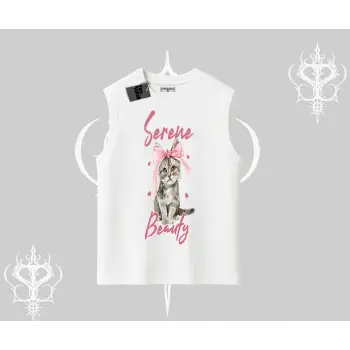 Serene Beauty Kedi Baskılı  Kolsuz Tshirt