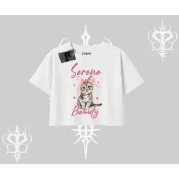 Serene Beauty Kedi Baskılı  Oversize Crop Tshirt