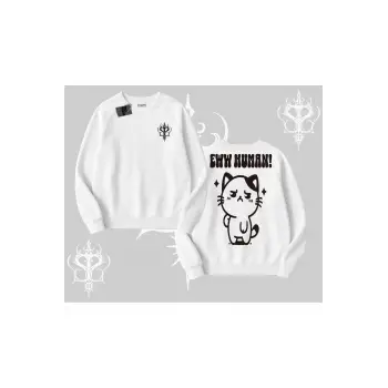 Sevimli Kedi Çizimli Arka Baskılı Biskilet Sweatshirt
