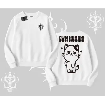Sevimli Kedi Çizimli Arka Baskılı Biskilet Sweatshirt
