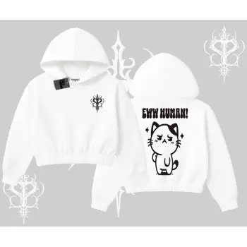 Sevimli Kedi Çizimli Arka Baskılı Kapşonlu Crop Sweatshirt