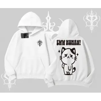 Sevimli Kedi Çizimli Arka Baskılı Kapşonlu Sweatshirt