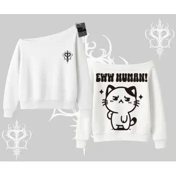 Sevimli Kedi Çizimli Arka Baskılı Kayık Yaka Sweatshirt