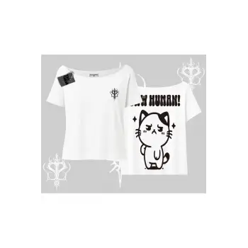 Sevimli Kedi Çizimli Arka Baskılı Kayık Yaka Tshirt