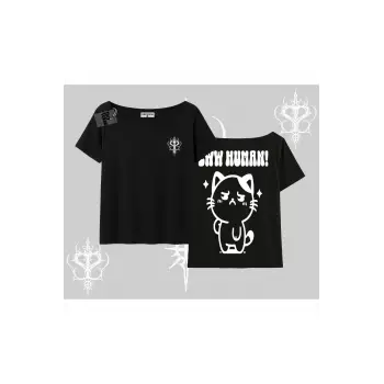 Sevimli Kedi Çizimli Arka Baskılı Kayık Yaka Tshirt