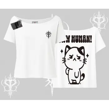 Sevimli Kedi Çizimli Arka Baskılı Kayık Yaka Tshirt