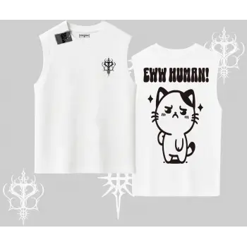 Sevimli Kedi Çizimli Arka Baskılı Kolsuz Tshirt
