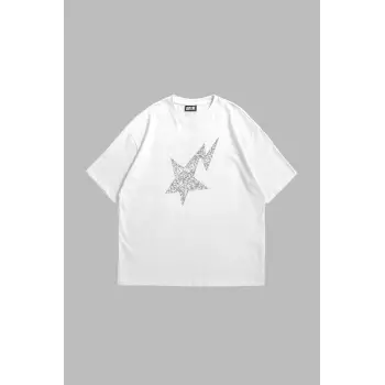 Shining Star Taş Baskılı Oversize Unisex Beyaz