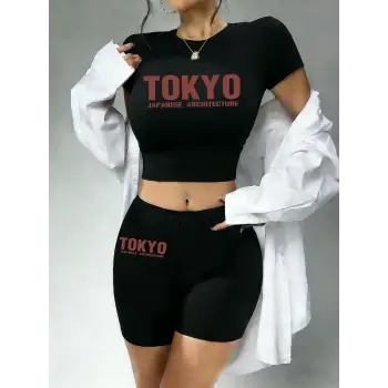 Sıcak Tatlı Japon Tokyo Harfli Baskılı Babby Tee ve Şort Kadın İki Parça Takım Tişört Yüksek E