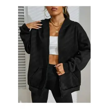 Siyah 2 ip Örme Kumaş Kapüşonlu Fermuarlı Sweatshirt