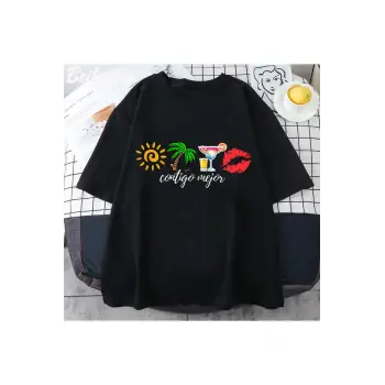 Siyah Bad Bunny Komik Baskı Harajuku Ullzang Sevimli Komik Tshirt