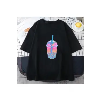 Siyah Boba çayı baskı Harajuku siyah
