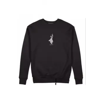 Siyah Geyik Baskılı 0 Yaka Pamuklu Unisex Sweatshirt