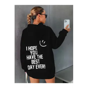 Siyah Happy Baskılı Oversize Kapüşonlu Sweatshirt