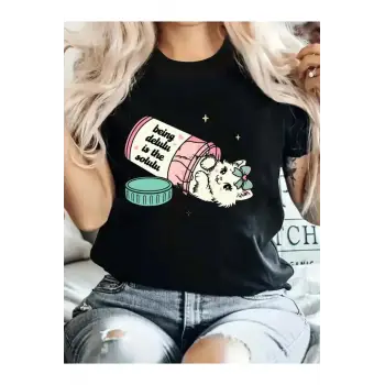 Siyah Harajuku Tarzı yaz i Sevimli Kedi Baskı Desen Tee