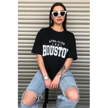 Siyah Houston Baskılı Oversize Kadın