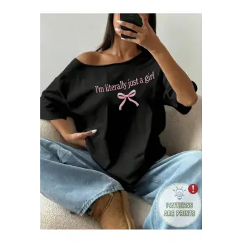 Siyah Kadın Düşük Omuz Kayık Yaka Baskılı