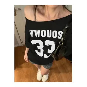 Siyah Kadın Düşük Omuz Kayık Yaka Oywouos 33 Baskılı