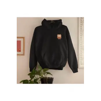 Siyah Kapşonlu Baykuş Baskılı Pamuklu Oversıze Sweatshirt