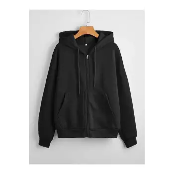 Siyah Kapüşonlu Fermuarlı Sweatshirt
