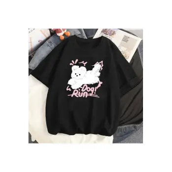 Siyah Karikatür i Sevimli Kedi Grafik Tee Köpek Baskı