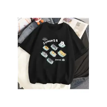 Siyah Karikatür i Sevimli Kedi Grafik Tee Köpek Baskı