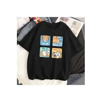 Siyah Karikatür i Sevimli Kedi Grafik Tee Köpek Baskı