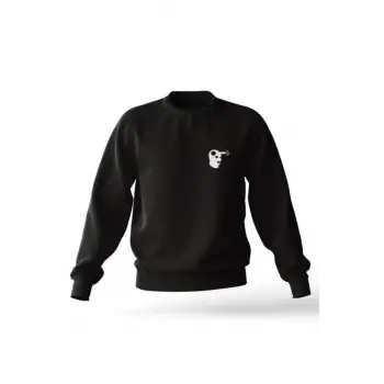 Sıyah Karpşonsuz 0 Yaka Pamuklu Oversıze Baskılı Sweatshirt Siyah