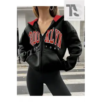 Siyah Kırmızı Kapüşonlu Fermuarli Brooklyn Oversize
