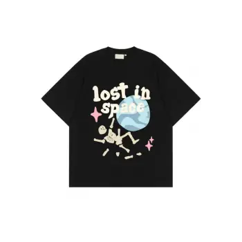 Siyah Lost In Space Baskılı Bisiklet Yaka Oversize Erkek Tişört