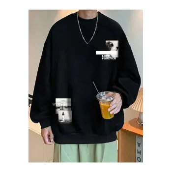 Siyah Love Forever Baskılı Oversize Bisiklet Yaka Sweatshirt