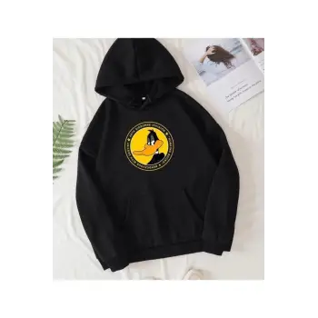Siyah Oversize 0 Yaka Kapşonsuz Daffy Duck Baskılı Pamuklu Sweatshirt