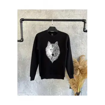 Siyah Oversize Alfa Kurt Baskılı Kapşonsuz 0 Yaka Pamuklu Unisex Sweatshirt