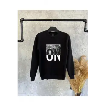 Siyah Oversize Baskılı Kapşonsuz 0 Yaka Pamuklu Unisex Sweatshirt