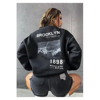 Siyah Oversize Brooklyn 1898 Baskılı Bisiklet Yaka Kapşonsuz Pamuklu Sweatshirt