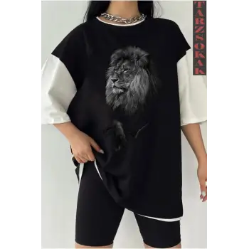 Siyah Oversize Çift Renk ASLAN 3 Baskılı Unisex Tshirt