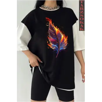 Siyah Oversize Çift Renk ASLAN 4 Baskılı Unisex Tshirt